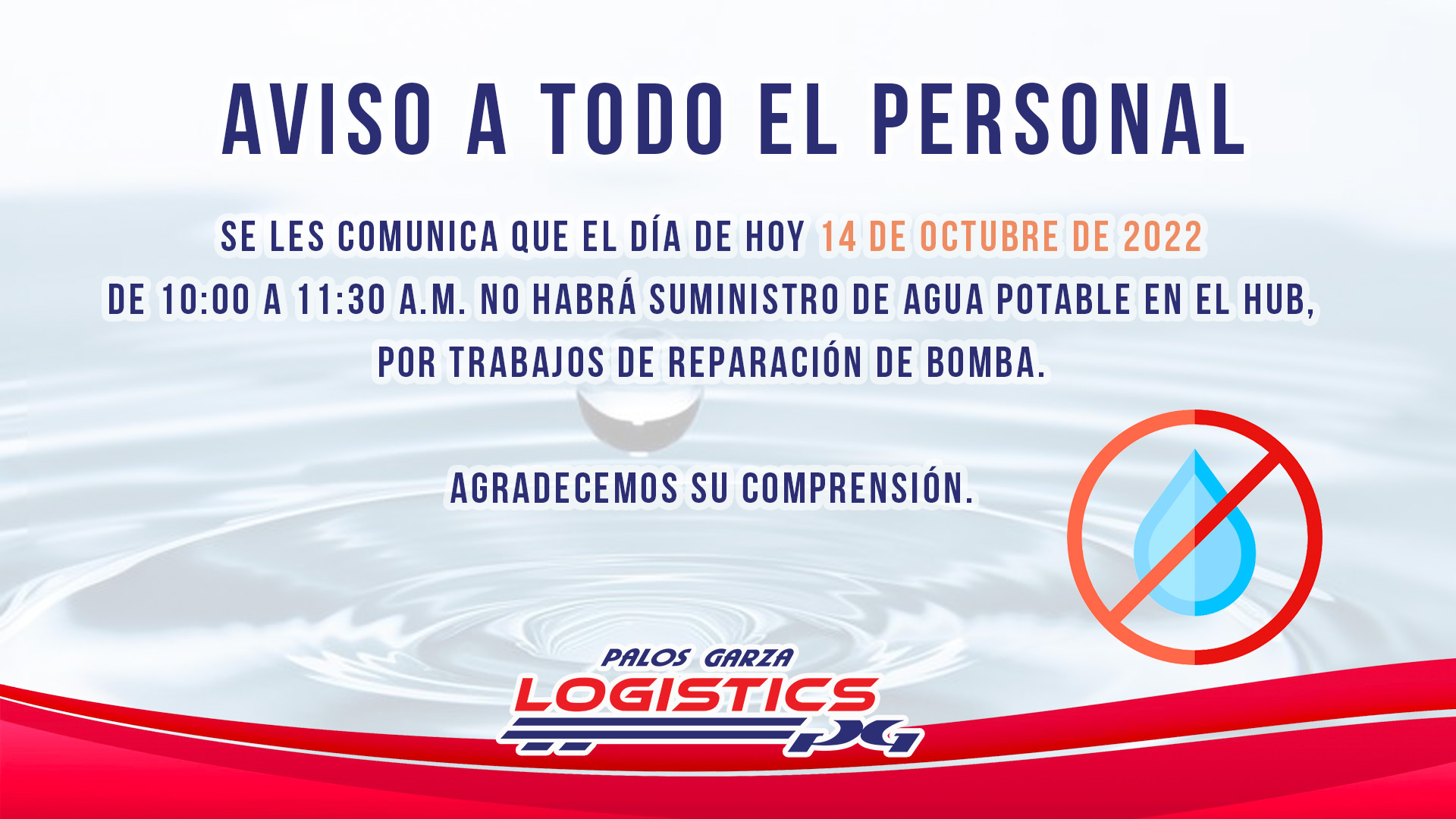 Aviso interno- corte de suministro de agua.